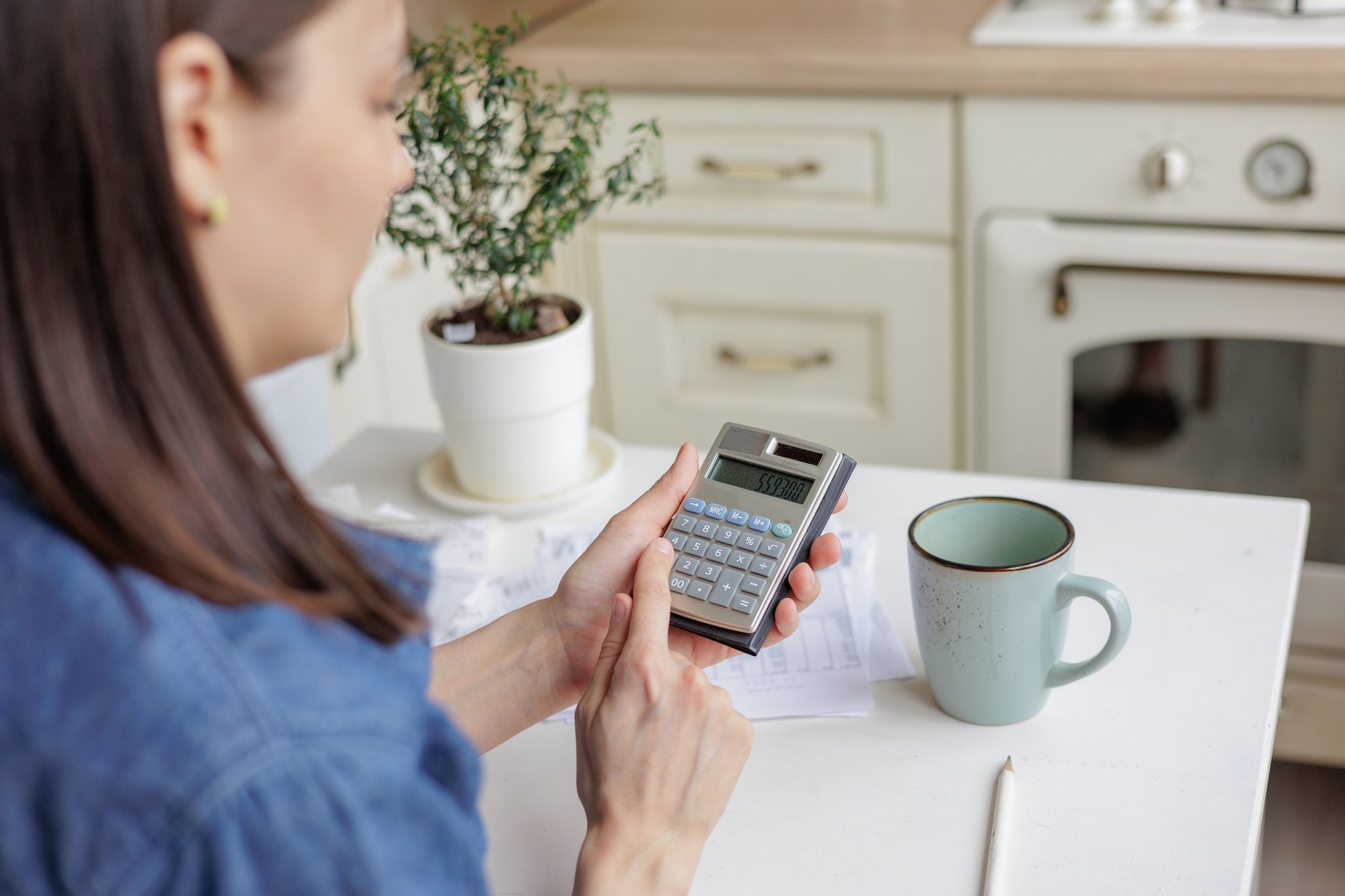 woman at home makes a calculation of expenses for a month. financial literacy and loan